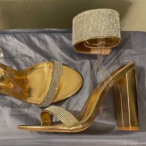MAKE AN OFFER! Gold heeled sandals.Gentle wear. Size 9 Rhinestone embellishment.
